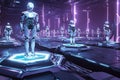 A next-gen robotics factory with hexagonal conveyor belts transporting advanced humanoid androids.