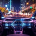 Next-Gen Smart Car: Cutting-Edge HUD Technology in Autonomous Vehicle on Busy City Road Royalty Free Stock Photo