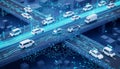 Futuristic Smart Highway with Autonomous Cars and Glowing Data Streams Royalty Free Stock Photo