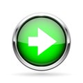 Next icon. Green shiny 3d button with metal frame and white arrow Royalty Free Stock Photo