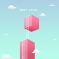 Next level to success visual concept design. double step climb the high giant wall towards the sky with tall ladder vector