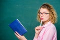 Next school year. Girl prepare for exams. happy student in glasses at blackboard. girl teacher at private lesson. essay Royalty Free Stock Photo