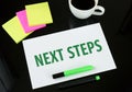 next steps paper sticky notes green marker coffee reflections Royalty Free Stock Photo