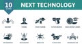Next technology outline set. Creative icons: nanobot, cyborg, space tourism, hi-tech weapon, nano contact lenses