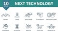 Next technology outline set. Creative icons: nanobot, cyborg, space tourism, hi-tech weapon, nano contact lenses