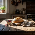 Next to the bread, a white ceramic bowl holds fresh raspberries and Royalty Free Stock Photo