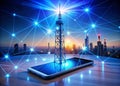 NextGeneration Wireless Communication A Futuristic Cell Tower and 5G Network Infrastructure Illustrating Advanced Data