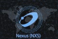 Nexus NXS Abstract Cryptocurrency. With a dark background and a world map. Graphic concept for your design