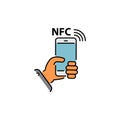 NFC mobile phone, NFC payment with mobile phone smartphone color vector icon, sign