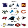 NFC North, East, South, West. Green Bay Packers, Chicago Bears, Detroit Lions, Dallas Cowboys, NY Giants, Atlanta Falcons, New Royalty Free Stock Photo