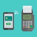 Nfc payment flat design style vector illustration, pos terminal confirms the payment using a smartphone