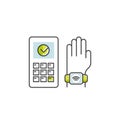 NFC Payment made through watch. Hand holding chip card. Pay or making a purchase contactless or wireless manner via POS Terminal Royalty Free Stock Photo