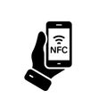 NFC Technology in Mobile Phone Silhouette Icon. Hand Hold Smartphone Contactless Access Money Payment Glyph Pictogram