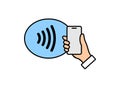 NFC technology vector icon. Hand handing Phone, Smartphone, wawe simple filled sign. Near Field Communication Royalty Free Stock Photo