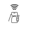 NFC technology vector icon. Hand handing Phone, Smartphone, wawe simple line outline sign. Near Field Communication Royalty Free Stock Photo