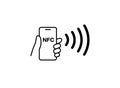 NFC technology vector icon. Hand handing Phone, Smartphone, wawe simple line outline sign. Near Field Communication Royalty Free Stock Photo
