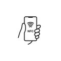 NFC technology vector icon. Hand handing Phone, Smartphone, wawe simple line outline sign. Near Field Communication Royalty Free Stock Photo