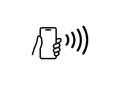 NFC technology vector icon. Hand handing Phone, Smartphone, wawe simple line outline sign. Near Field Communication Royalty Free Stock Photo