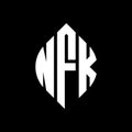 NFK circle letter logo design with circle and ellipse shape. NFK ellipse letters with typographic style. The three initials form a