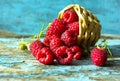 Fresh raspberries in vintage basket vitamins healthy food vegan ingredients. Selective focus Royalty Free Stock Photo