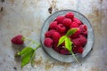 Fresh raspberries in vintage bowl vitamins healthy food vegan ingredients. Selective focus Royalty Free Stock Photo