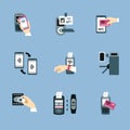 nfs icons. hands making cards payment with nfs smart technology contactless devices for terminal wallet. Vector colored