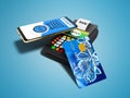 Nfs payment through the phone to the payment card POS terminal with credit card 3d render on blue background with shadow Royalty Free Stock Photo