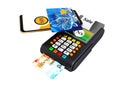 Nfs payment via phone with credit card on payment card POS terminal with credit card top view 3d render on white background no sh Royalty Free Stock Photo