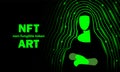 NFT art banner with Mona Lisa. Abstract neon digital art with Mona Lisa outline silhouette.