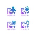 NFT art category icons set. Vector flat icons of different types of NFT such as character, animation, 3D and music. Royalty Free Stock Photo