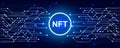 NFT banner of crypto art with pcb tracks. NFT non fungible token on blue background. Crypto art - vector