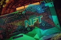 Art NFT and cryptocurrency concepts. Video card with the word NFT Non-Fungible Token written on it. Digital artists and