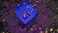 3d NFT image. Blockchain Non Fungible Token idea. Computer chip NFT on digital background. Cryptocurrency