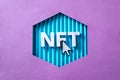 NFT 3D letters and mouse arrow as a concept of blockchain technologies of the future for sale in the virtual marketplace
