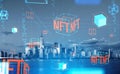 NFT and data blocks, binary, cyberspace and New York cityscape