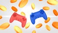 NFT Games. Game controller with Tokens crypto currency on white background Royalty Free Stock Photo