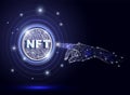 NFT hand touch, vector polygonal art style illustration. Non fungible tokens, crypto art, future technologies.