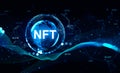 NFT icons with earth, cryptocurrency and digital hologram with circuit