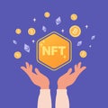 Nft illustration. Hands hold nft, around which there are bitcoins and ethereum coins. Modern vector art in a flat style