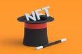 NFT inscription in magic hat. Non-fungible token. Blockchain technology concept