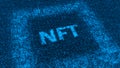 NFT label. Animation. NFT label is formed from electronic particles falling on luminous field. Futuristic NFC