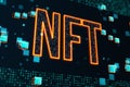 NFT neon sign amidst digital code. Blockchain technology representation. Royalty Free Stock Photo