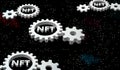 NFT. Non-fungible token. Cogwheel in perspective, flying in the cosmos. Firmament of stars.