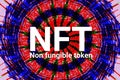 NFT, Non fungible token. Cryptographic blockchain marketplace. Crypto art concept. Technology selling unique collectible, digital