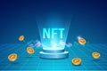 NFT non fungible token. 3D Ethereum crypto coin for collectible digital art technology in futuristic abstract background