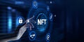 NFT Non-fungible token digital crypto art blockchain technology concept. Hand pressing button on screen