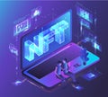 NFT non fungible token, digital crypto art blockchain technology, vector isometric illustration, neon light design.