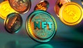 NFT non fungible token golden coins falling. Trendy cryptocurrencies and coins on the blockchain technology. Close up view of