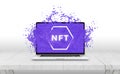 NFT non-fungible token text comes out with purple liquid from laptop display concept