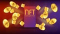 NFT non fungible token unique sign and gold coins of dollars fly out from cellphone. Concept of earning dollars USD on NFT market